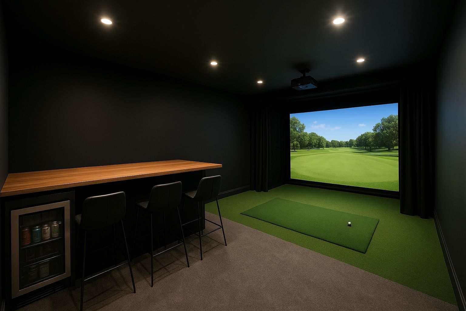 Birdie Barns golf simulator shed interior (flipped)